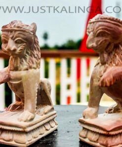 THE DIVINE GUARDS (PAIR LION) CARVED DESIGNED (PINK STONE) MARBLE HEIGHT-03 INCH | Justkalinga.com.