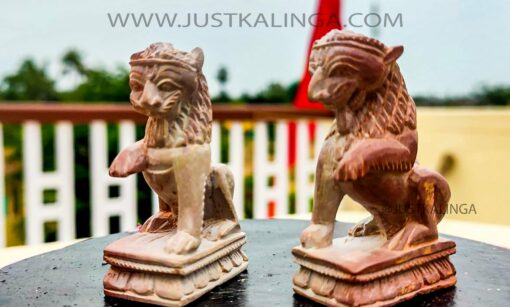 THE DIVINE GUARDS (PAIR LION) CARVED DESIGNED (PINK STONE) MARBLE HEIGHT-03 INCH | Justkalinga.com.