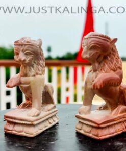 THE DIVINE GUARDS (PAIR LION) CARVED DESIGNED (PINK STONE) MARBLE HEIGHT-03 INCH | Justkalinga.com.