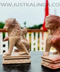 THE DIVINE GUARDS (PAIR LION) CARVED DESIGNED (PINK STONE) MARBLE HEIGHT-03 INCH | Justkalinga.com.