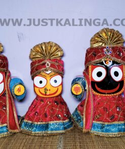 PREMIUM DRESS (RED GOLDEN WITH SKY BLUE WELBET CLOTH)  FOR SHRI CHATURTHA MAHAPRABHU FULL SET | Justkalinga.com.