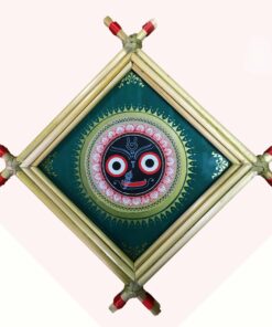 Lord Jagannath (green colour) .  Size: 13cm*13cm : The Ancient Vedic Art of Transcending knowledge "Tala-Pata-Chitra" | Justkalinga.com.