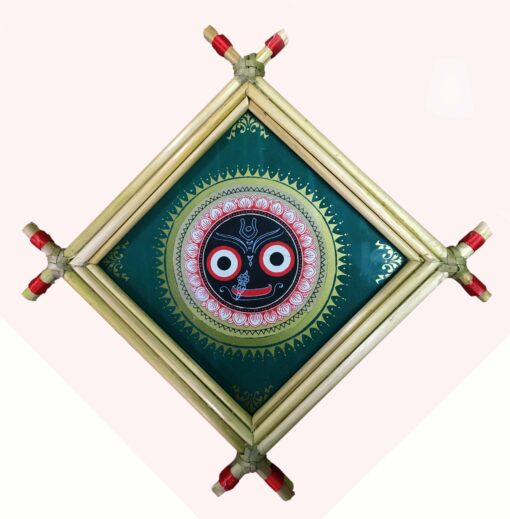 Lord Jagannath (green colour) .  Size: 13cm*13cm : The Ancient Vedic Art of Transcending knowledge "Tala-Pata-Chitra" | Justkalinga.com.